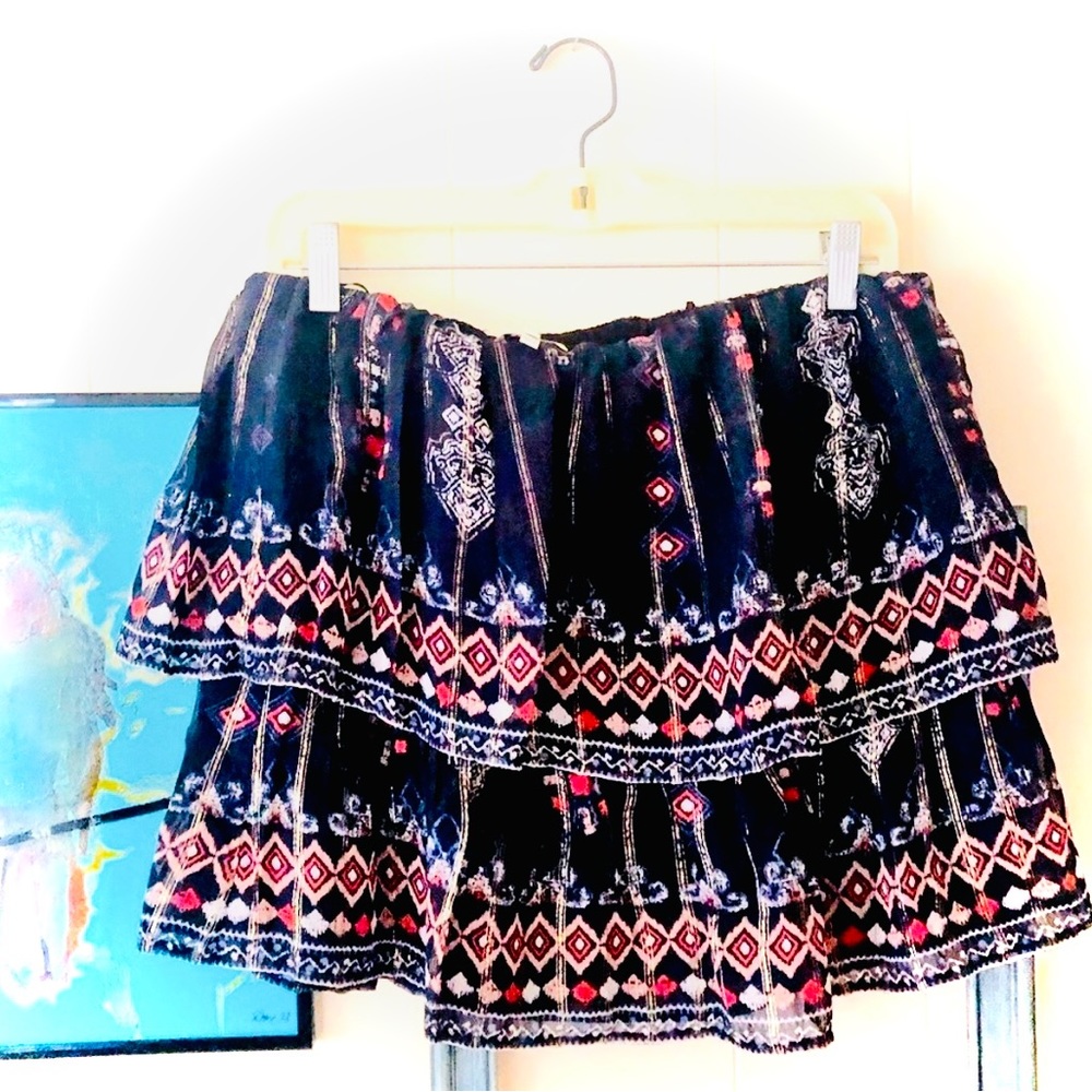 JOIE | S/M | Flounce Navy Tribal Silver Light Silk Ruffle 2 in 1 Lyane Skirt